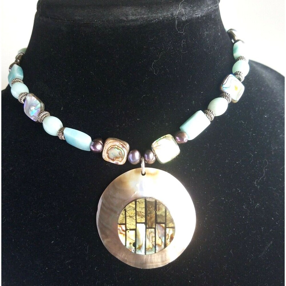 HAND MADE ABALONE PEARLS LIGHT BLUE STONE SILVER TONE NECKLACE 15" gorgeous